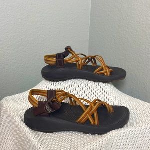 Chaco Strappy Sandals Brown,Orange,Gray Stripes. Size 9